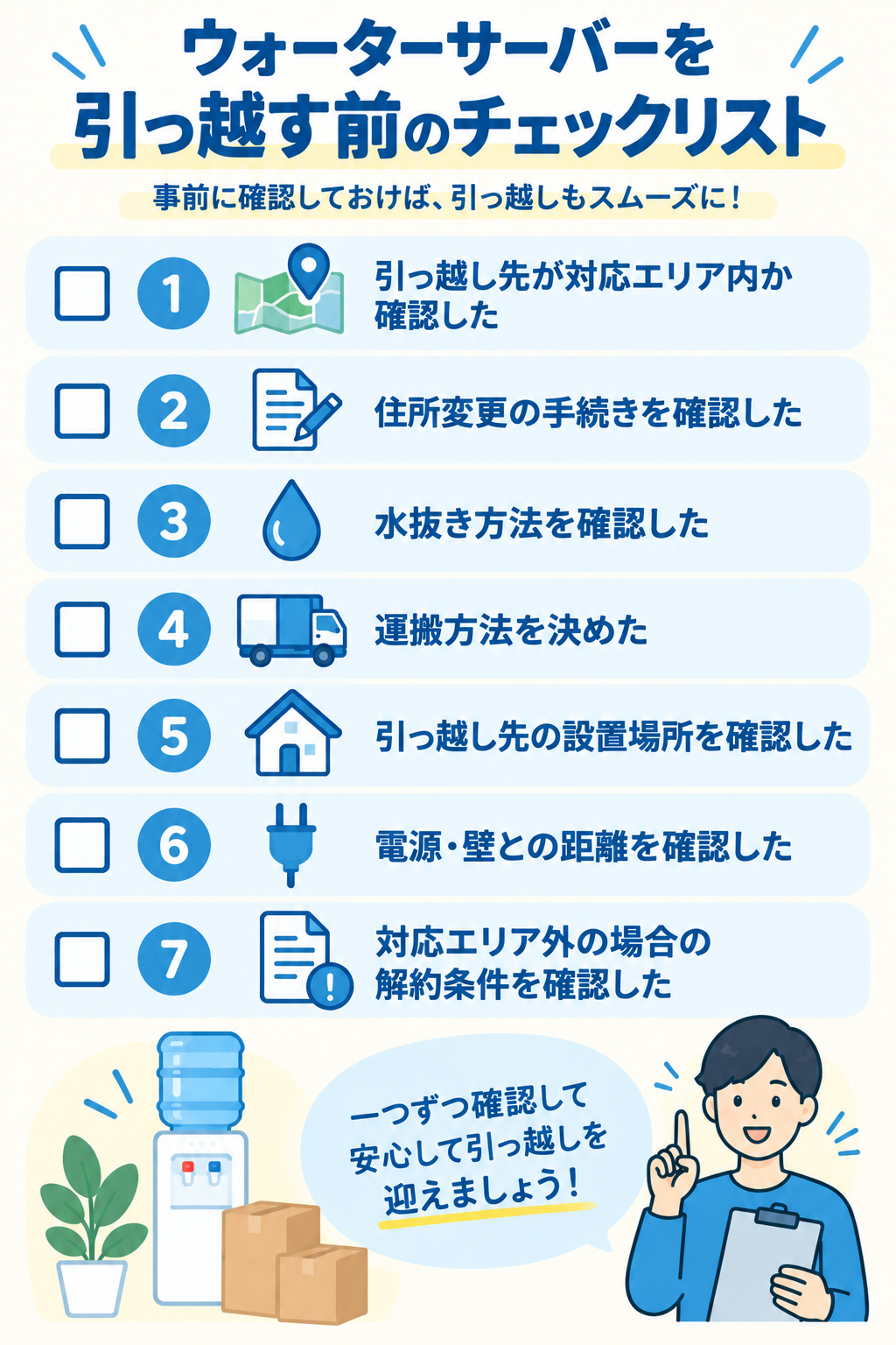 ウォーターサーバーを引っ越す前のチェックリスト図解(スマホ版)