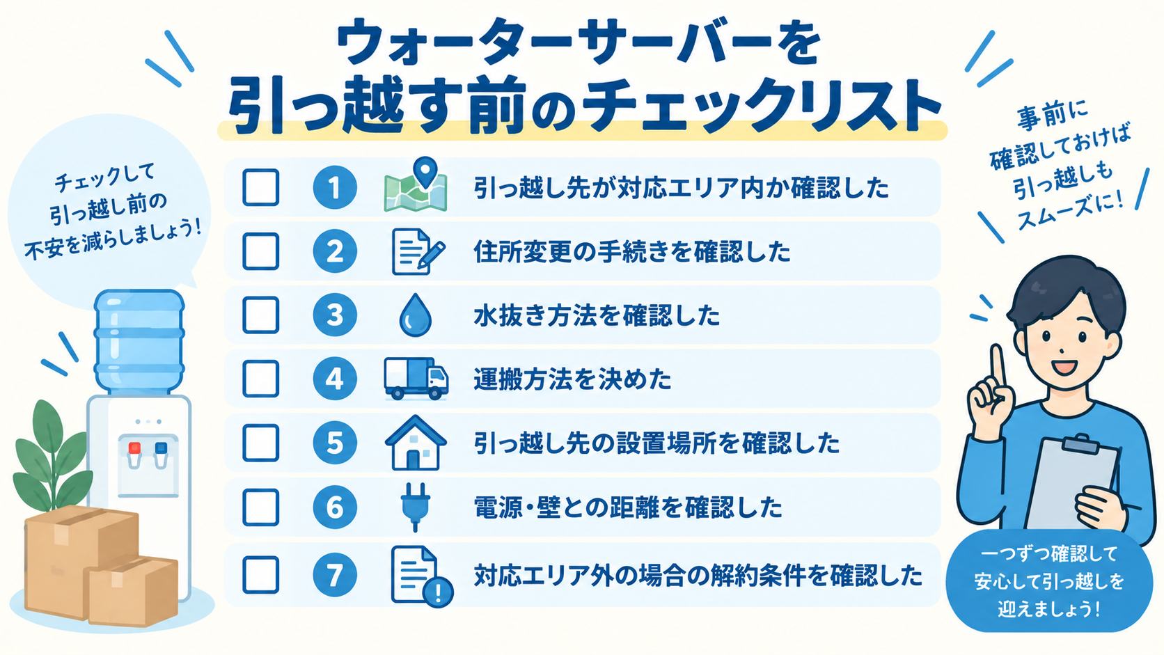 ウォーターサーバーを引っ越す前のチェックリスト図解(PC版)