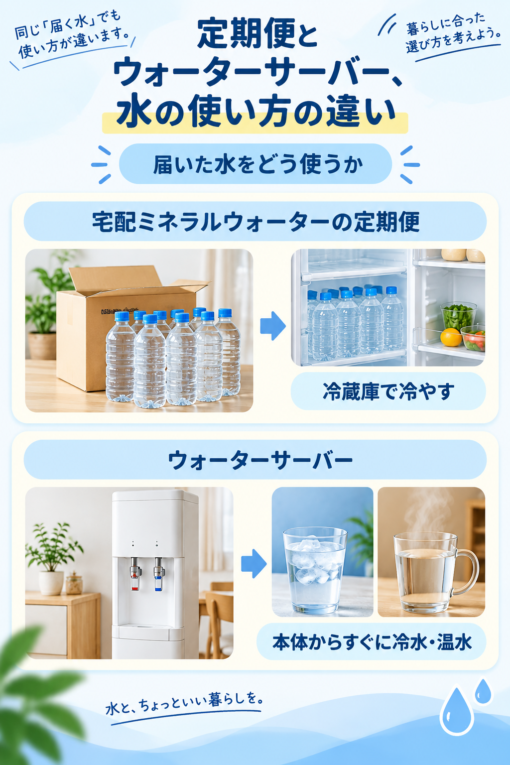 定期便とウォーターサーバー、水の使い方の違い（冷蔵庫で冷やす・本体からすぐに冷水温水）