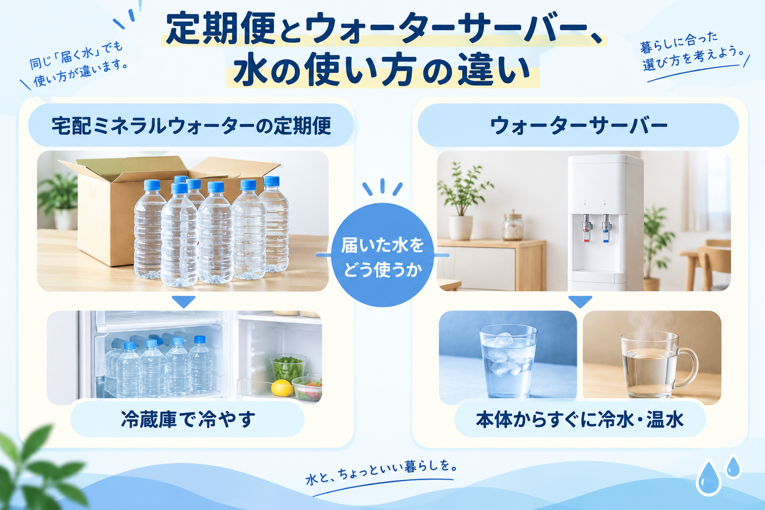 定期便とウォーターサーバー、水の使い方の違い（冷蔵庫で冷やす・本体からすぐに冷水温水）