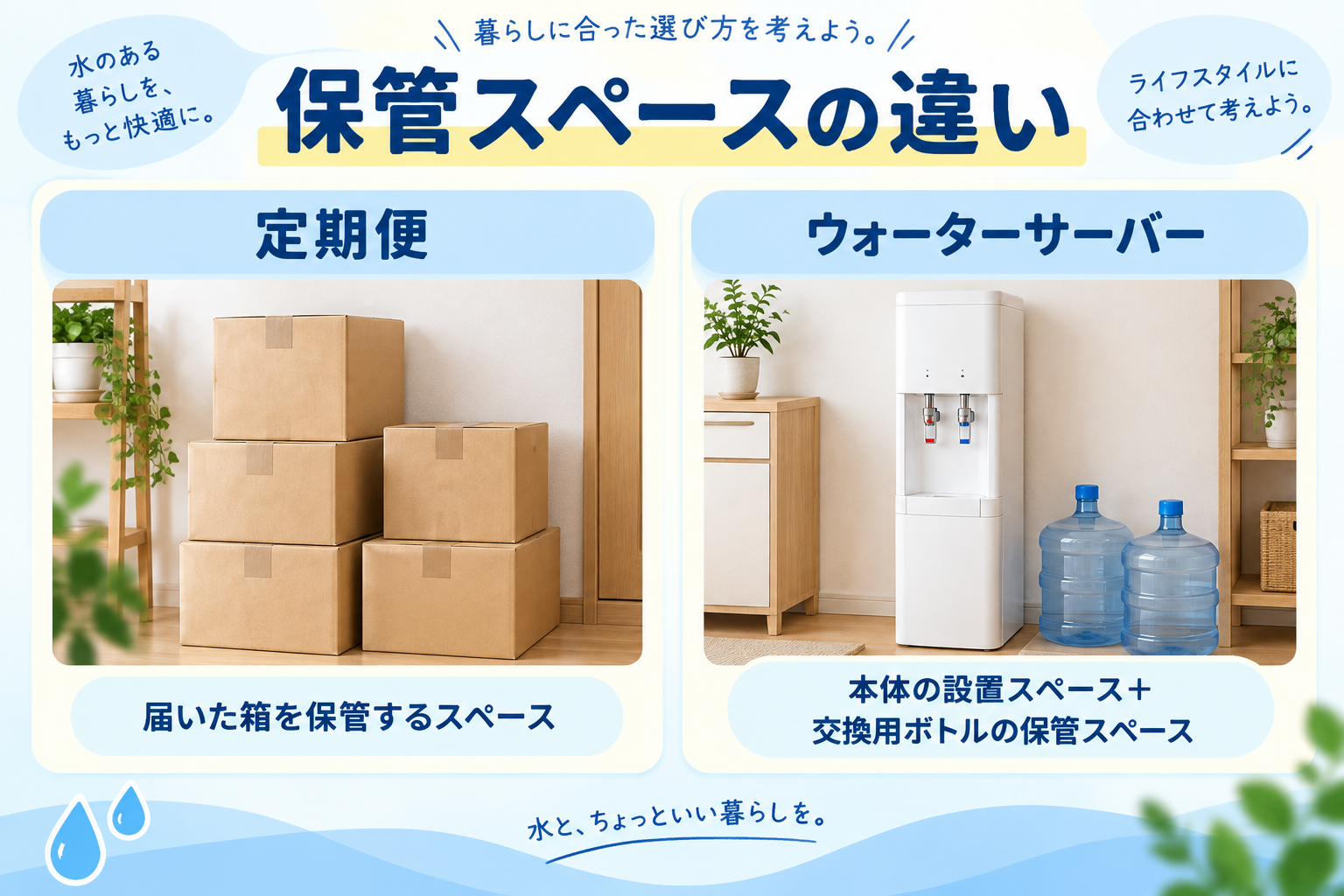 保管スペースの違い（定期便は届いた箱を保管・ウォーターサーバーは本体設置＋交換用ボトル保管）