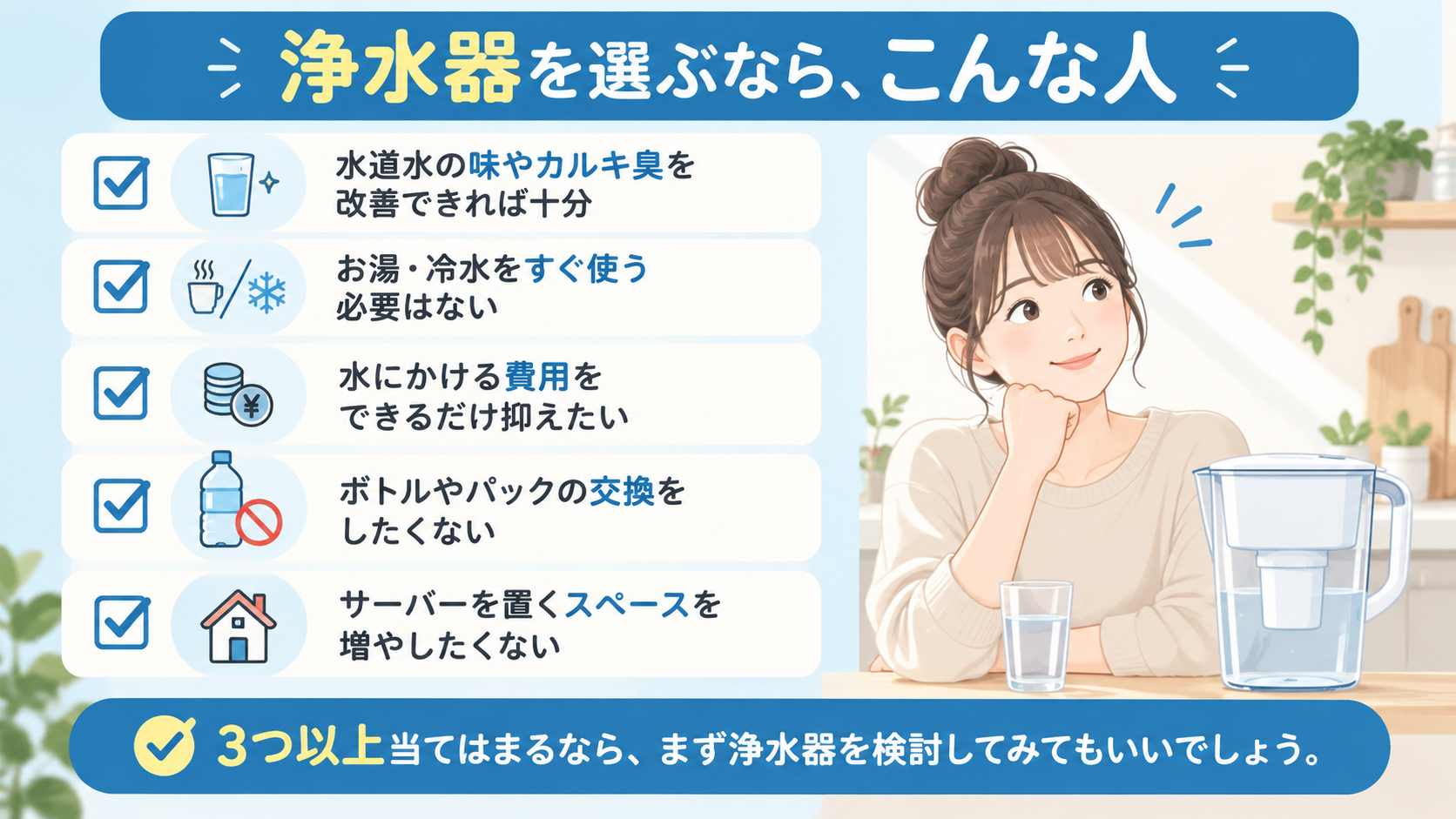 浄水器を選ぶなら、こんな人:水道水の味やカルキ臭を改善できれば十分/お湯・冷水をすぐ使う必要はない/水にかける費用をできるだけ抑えたい/ボトルやパックの交換をしたくない/サーバーを置くスペースを増やしたくない。3つ以上当てはまるなら、まず浄水器を検討してみてもいいでしょう。