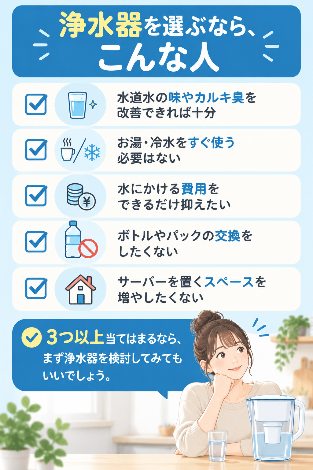浄水器を選ぶなら、こんな人:水道水の味やカルキ臭を改善できれば十分/お湯・冷水をすぐ使う必要はない/水にかける費用をできるだけ抑えたい/ボトルやパックの交換をしたくない/サーバーを置くスペースを増やしたくない。3つ以上当てはまるなら、まず浄水器を検討してみてもいいでしょう。
