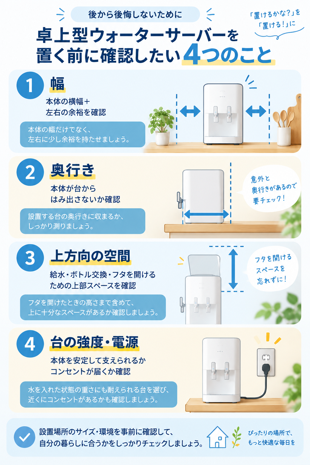 卓上型ウォーターサーバーを置く前に確認したい4つのこと:幅・奥行き・上方向の空間・台の強度と電源