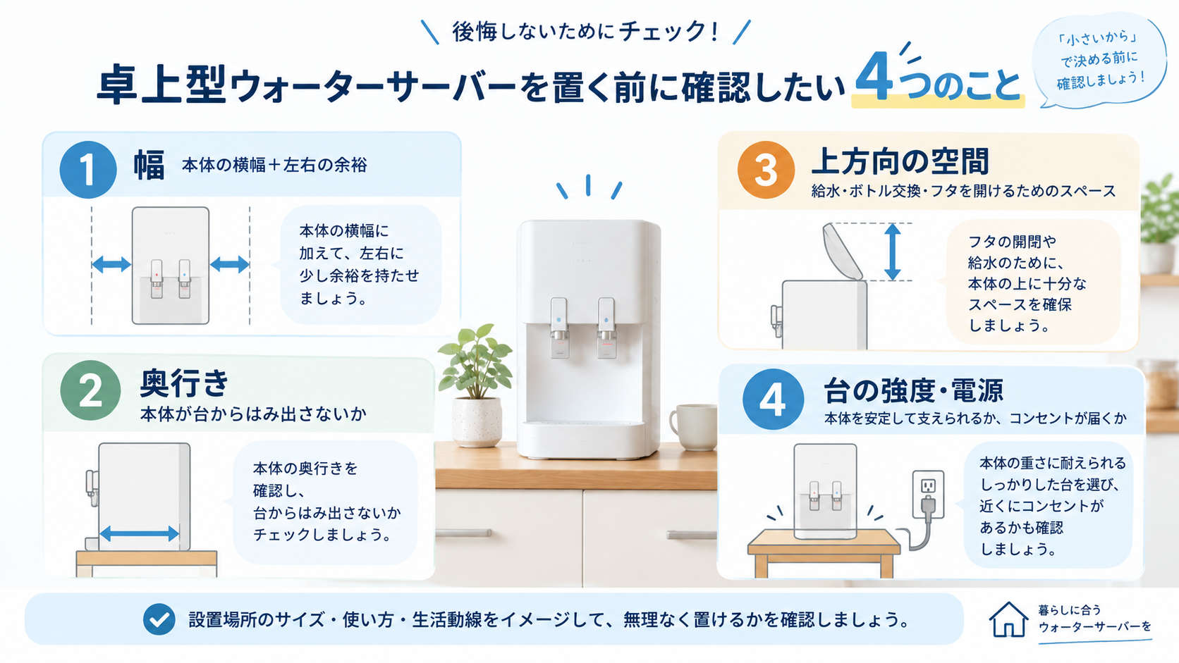 卓上型ウォーターサーバーを置く前に確認したい4つのこと:幅・奥行き・上方向の空間・台の強度と電源