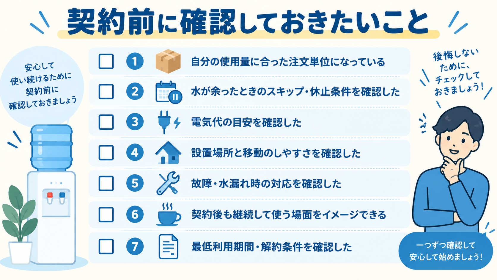ウォーターサーバー契約前に確認しておきたいことのチェックリスト図解(PC版)