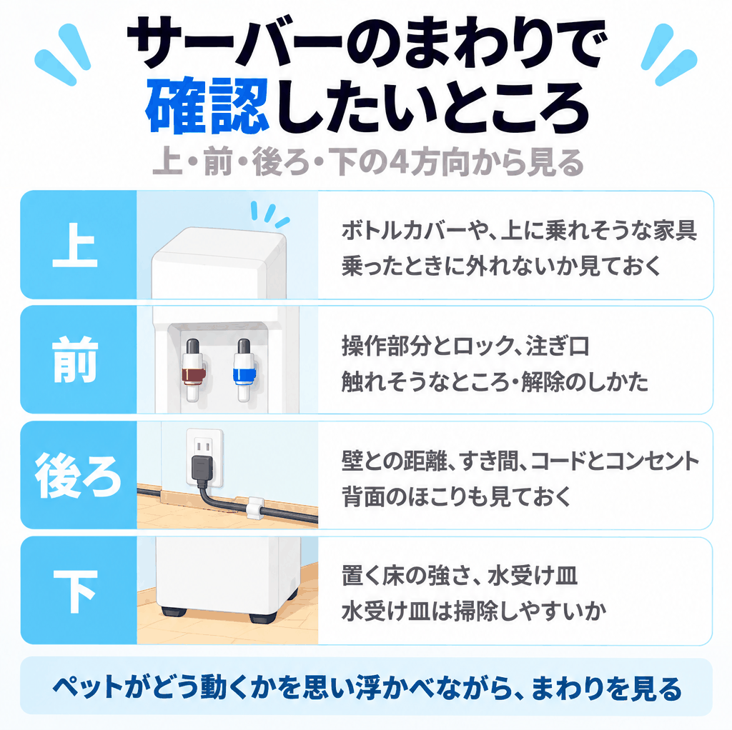 サーバーのまわりで確認したいところを、上、前、後ろ、下の4方向に分けて示した図解（ペットがどう動くかを思い浮かべながら、まわりを見る）