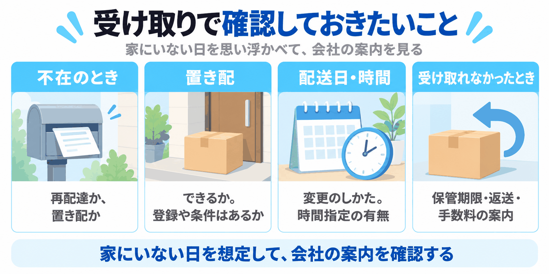 ウォーターサーバーの受け取りで確認しておきたいことを示した図解（不在のときは再配達か置き配か、置き配の登録や条件、配送日・時間の変更のしかたと時間指定の有無、受け取れなかったときの保管期限・返送・手数料の案内）
