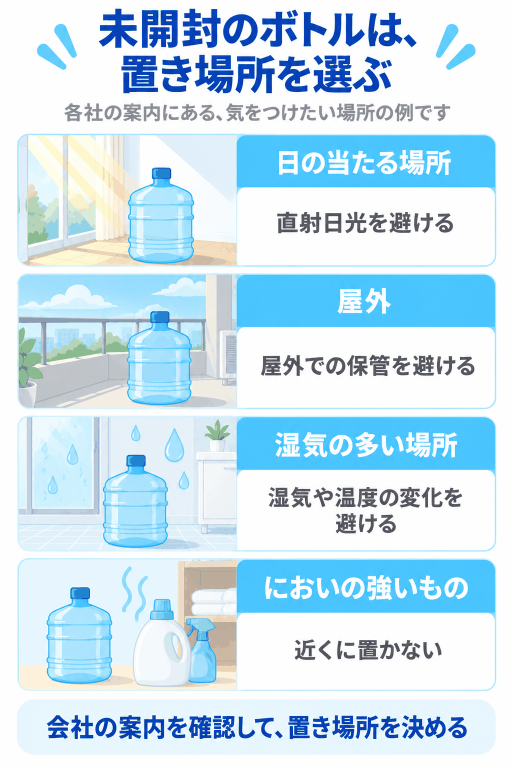 未開封のボトルを置くときに気をつけたい場所の例を示した図解（日の当たる場所、屋外、湿気の多い場所、においの強いものの近く。会社の案内を確認して置き場所を決める）