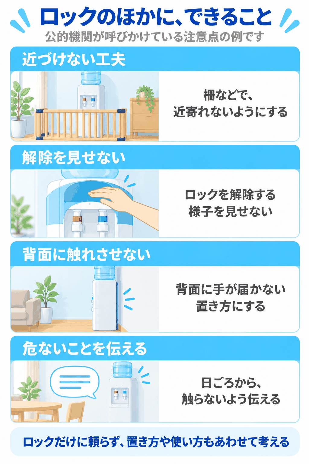 チャイルドロックのほかにできることを示した図解（柵などで近づけない、解除する様子を見せない、背面に触れさせない、危ないことを日ごろから伝える）