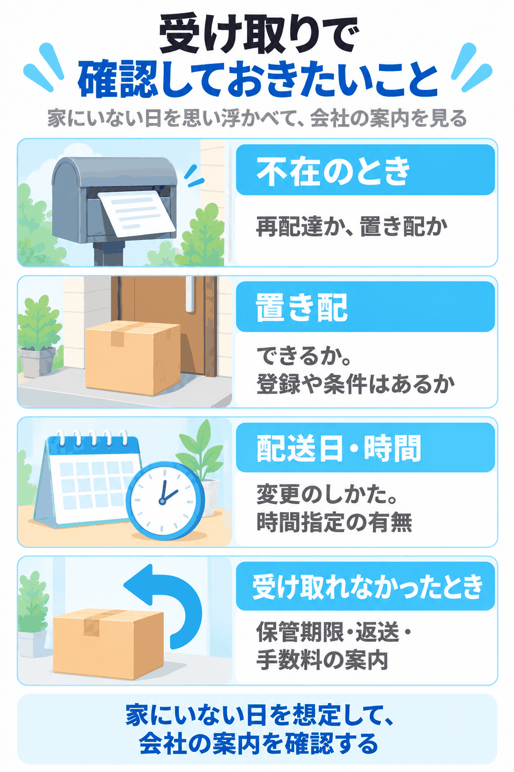 ウォーターサーバーの受け取りで確認しておきたいことを示した図解（不在のときは再配達か置き配か、置き配の登録や条件、配送日・時間の変更のしかたと時間指定の有無、受け取れなかったときの保管期限・返送・手数料の案内）